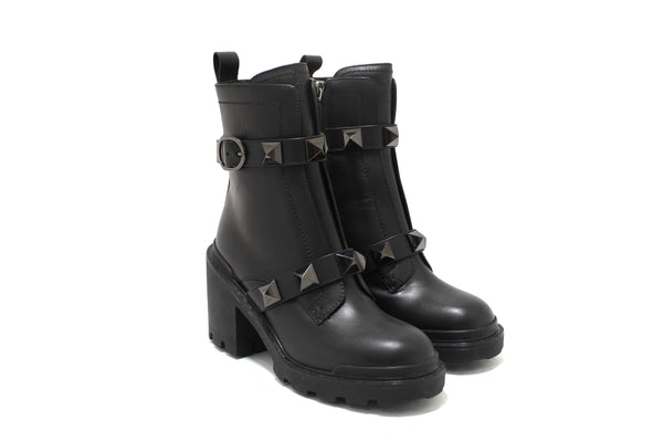 New Valentino Garavani Black Leather Roman Stud Combat Ankle Boots Shoes Size 37