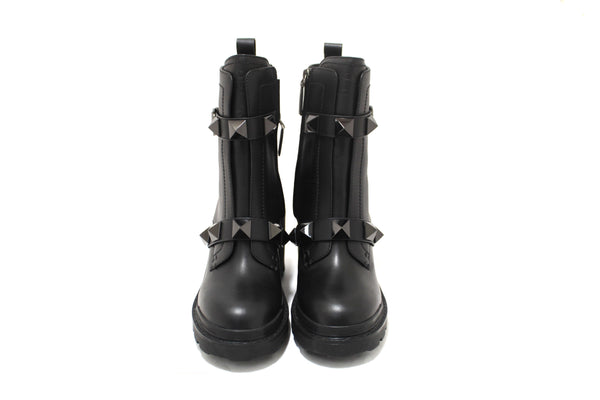 New Valentino Garavani Black Leather Roman Stud Combat Ankle Boots Shoes Size 37