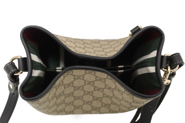 Gucci GG Supreme Monogram with Black Leather Emblem Mini Bucket Bag 815118
