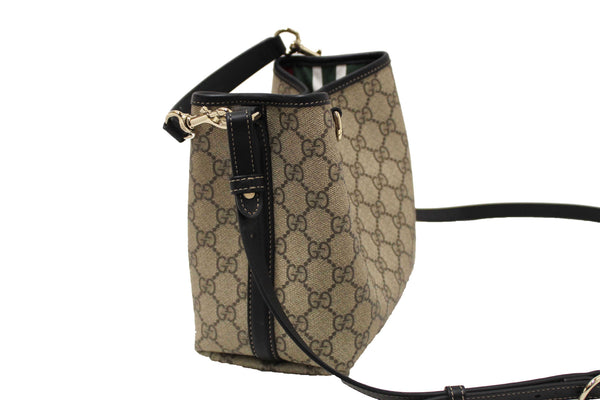 Gucci GG Supreme Monogram with Black Leather Emblem Mini Bucket Bag 815118