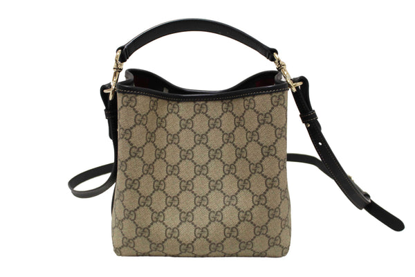 Gucci GG Supreme Monogram with Black Leather Emblem Mini Bucket Bag 815118