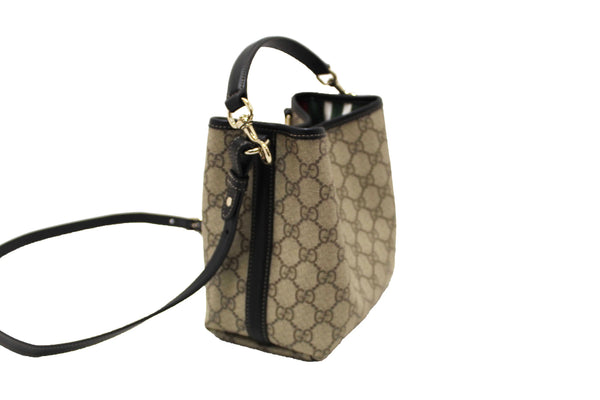 Gucci GG Supreme Monogram with Black Leather Emblem Mini Bucket Bag 815118
