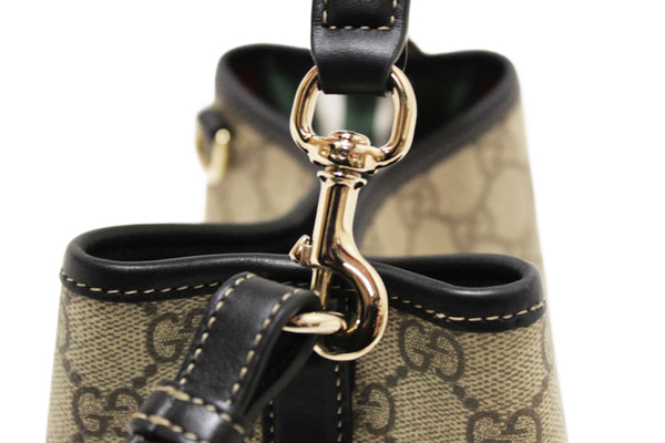 Gucci GG Supreme Monogram with Black Leather Emblem Mini Bucket Bag 815118