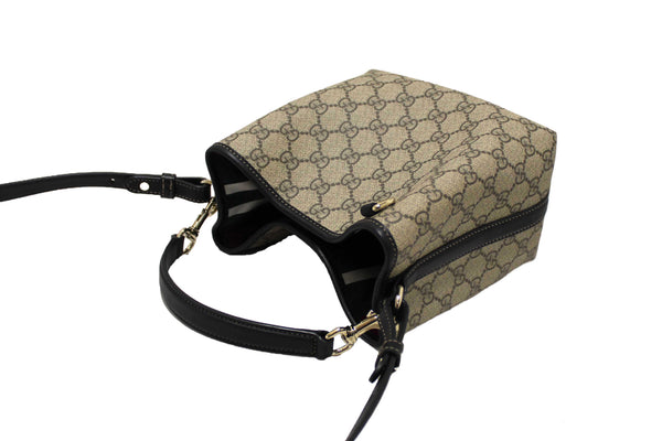 Gucci GG Supreme Monogram with Black Leather Emblem Mini Bucket Bag 815118