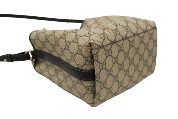 Gucci GG Supreme Monogram with Black Leather Emblem Mini Bucket Bag 815118