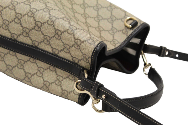 Gucci GG Supreme Monogram with Black Leather Emblem Mini Bucket Bag 815118