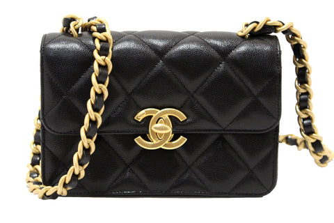 Authentic Chanel Black Quilted Grained Calfskin Leather Small Flap Bag