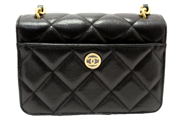 Authentic Chanel Black Quilted Grained Calfskin Leather Small Flap Bag