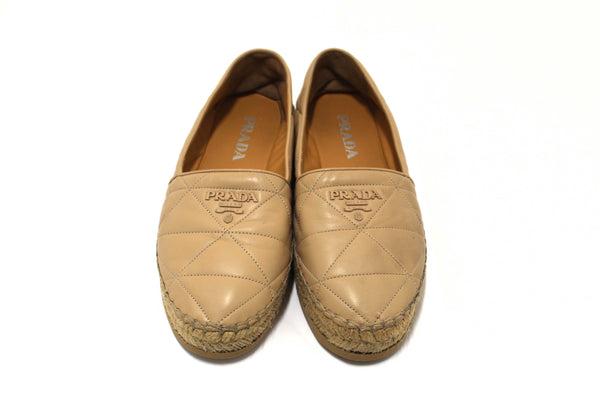Prada Camel Nappa Leather Espadrilles Shoes Size 37.5