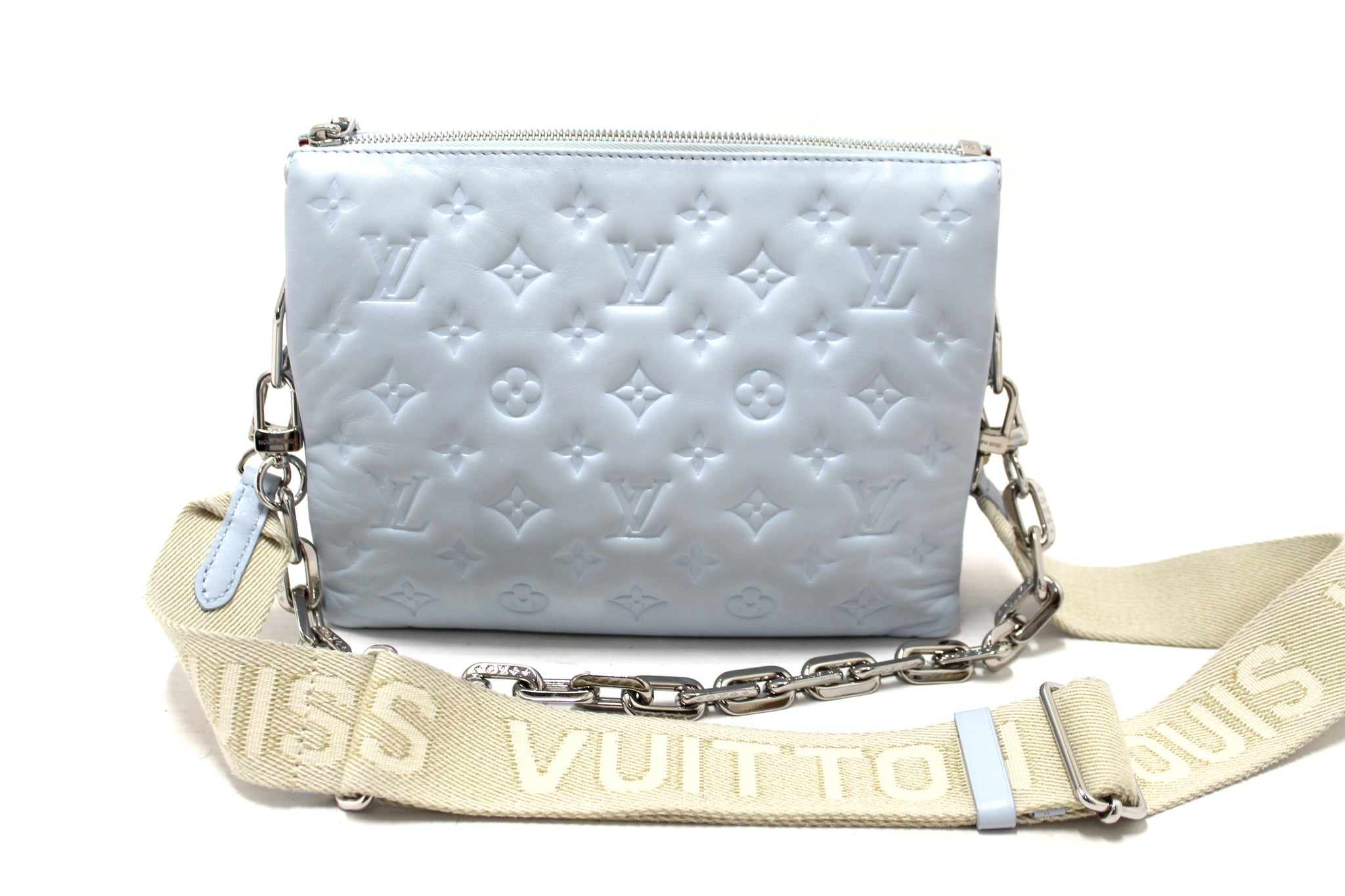 Louis Vuitton Ice Blue Lambskin Embossed Monogram Coussin PM Bag