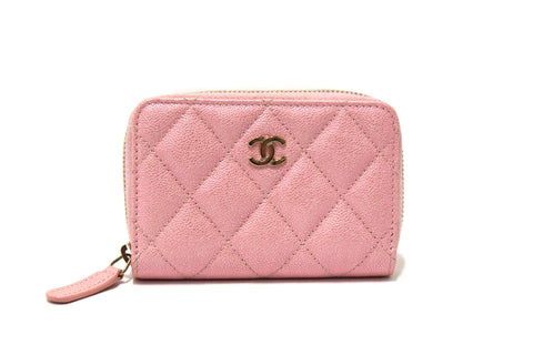 Chanel Iridescent Rose Pink Quilted Caviar Leather Classic Zipped Coin Purse