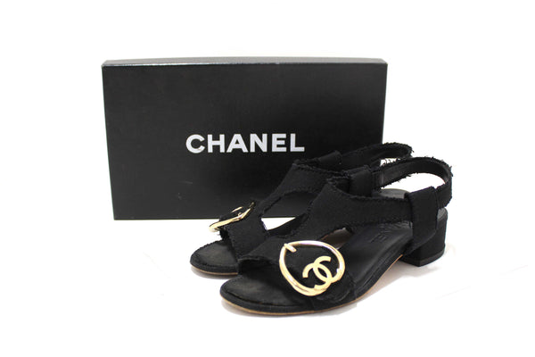 Chanel Black Interlocking CC Logo Canvas Slingback Sandals size 37
