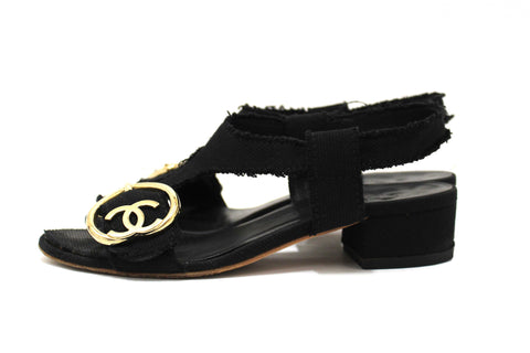 Chanel Black Interlocking CC Logo Canvas Slingback Sandals size 37