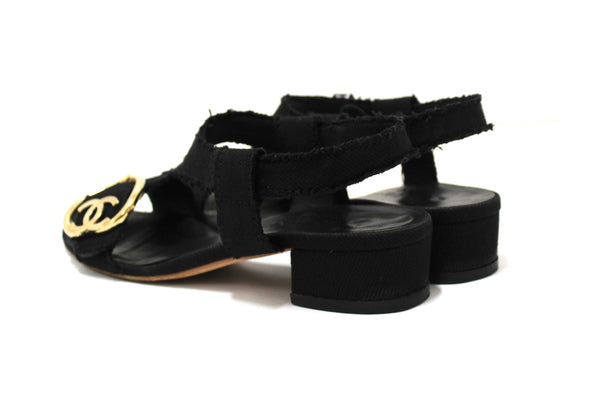 Chanel Black Interlocking CC Logo Canvas Slingback Sandals size 37
