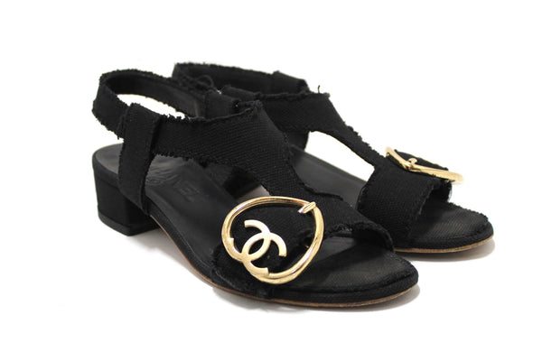 Chanel Black Interlocking CC Logo Canvas Slingback Sandals size 37