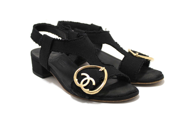 Chanel Black Interlocking CC Logo Canvas Slingback Sandals size 37