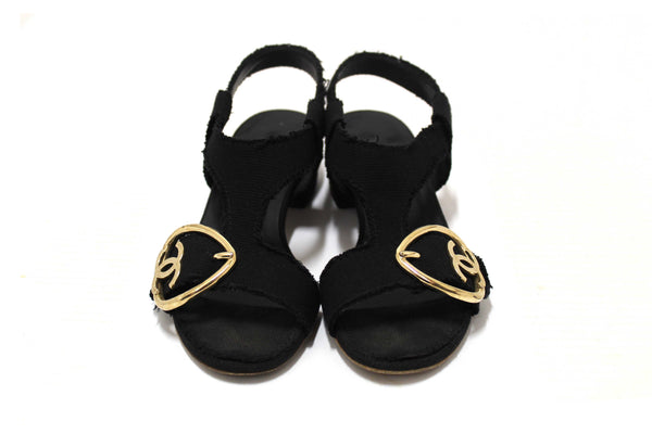 Chanel Black Interlocking CC Logo Canvas Slingback Sandals size 37