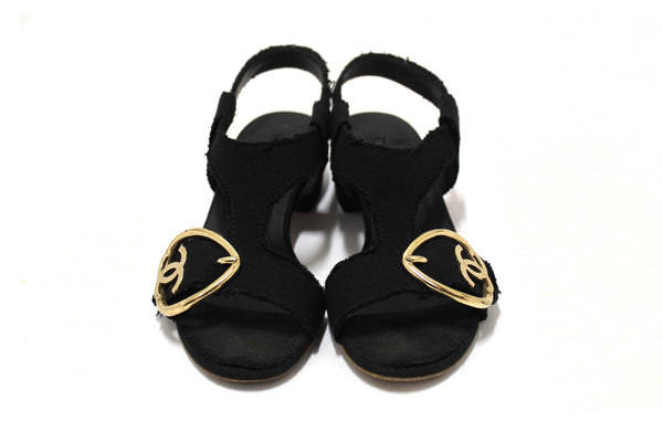 Chanel Black Interlocking CC Logo Canvas Slingback Sandals size 37