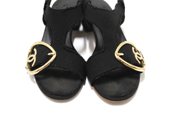 Chanel Black Interlocking CC Logo Canvas Slingback Sandals size 37