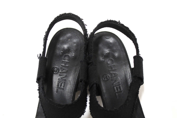 Chanel Black Interlocking CC Logo Canvas Slingback Sandals size 37
