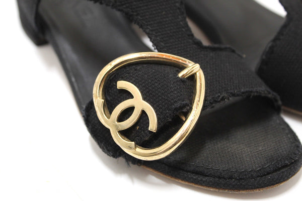 Chanel Black Interlocking CC Logo Canvas Slingback Sandals size 37