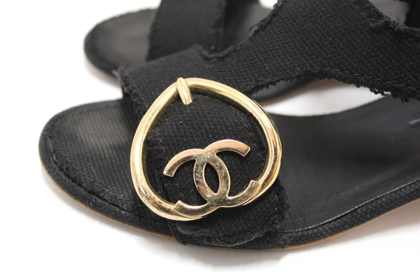 Chanel Black Interlocking CC Logo Canvas Slingback Sandals size 37