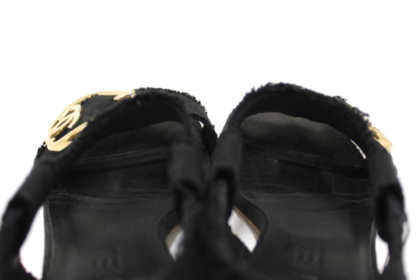 Chanel Black Interlocking CC Logo Canvas Slingback Sandals size 37