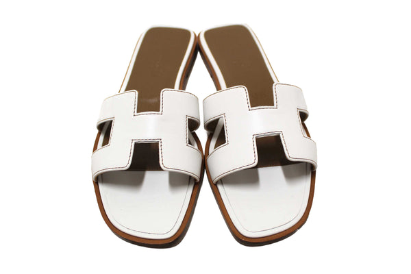 NEW  Hermes White Box Calfskin Oran Flat Sandals Size 36.5