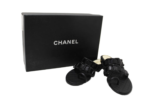 Chanel Black Leather Quilted Toe Flat Sandal Size 36