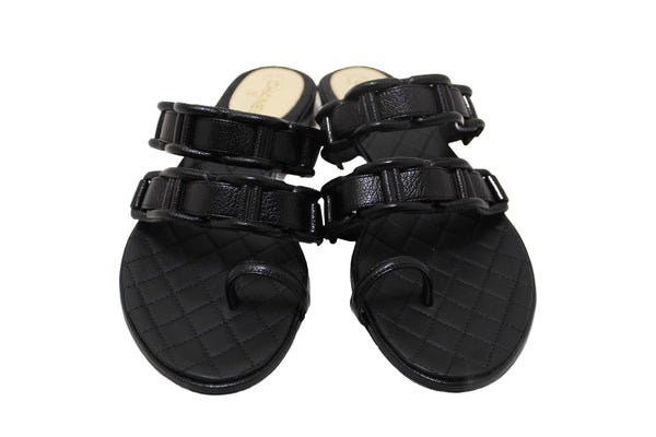 Chanel Black Leather Quilted Toe Flat Sandal Size 36