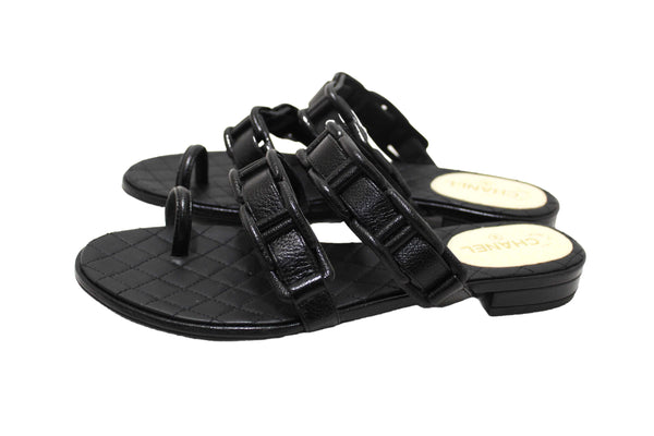 Chanel Black Leather Quilted Toe Flat Sandal Size 36