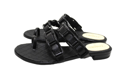 Chanel Black Leather Quilted Toe Flat Sandal Size 36