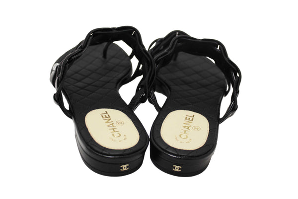 Chanel Black Leather Quilted Toe Flat Sandal Size 36
