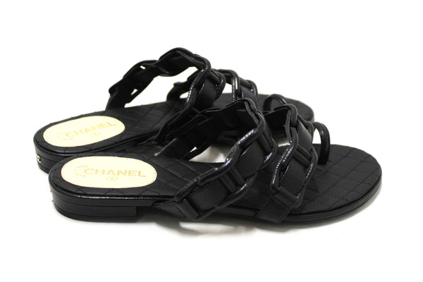 Chanel Black Leather Quilted Toe Flat Sandal Size 36