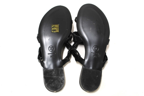 Chanel Black Leather Quilted Toe Flat Sandal Size 36