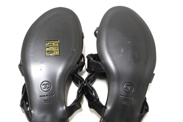 Chanel Black Leather Quilted Toe Flat Sandal Size 36