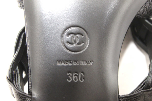 Chanel Black Leather Quilted Toe Flat Sandal Size 36