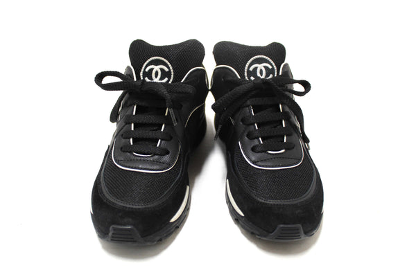 Chanel Black Suede Leather Calfskin CC Sneakers Size 36