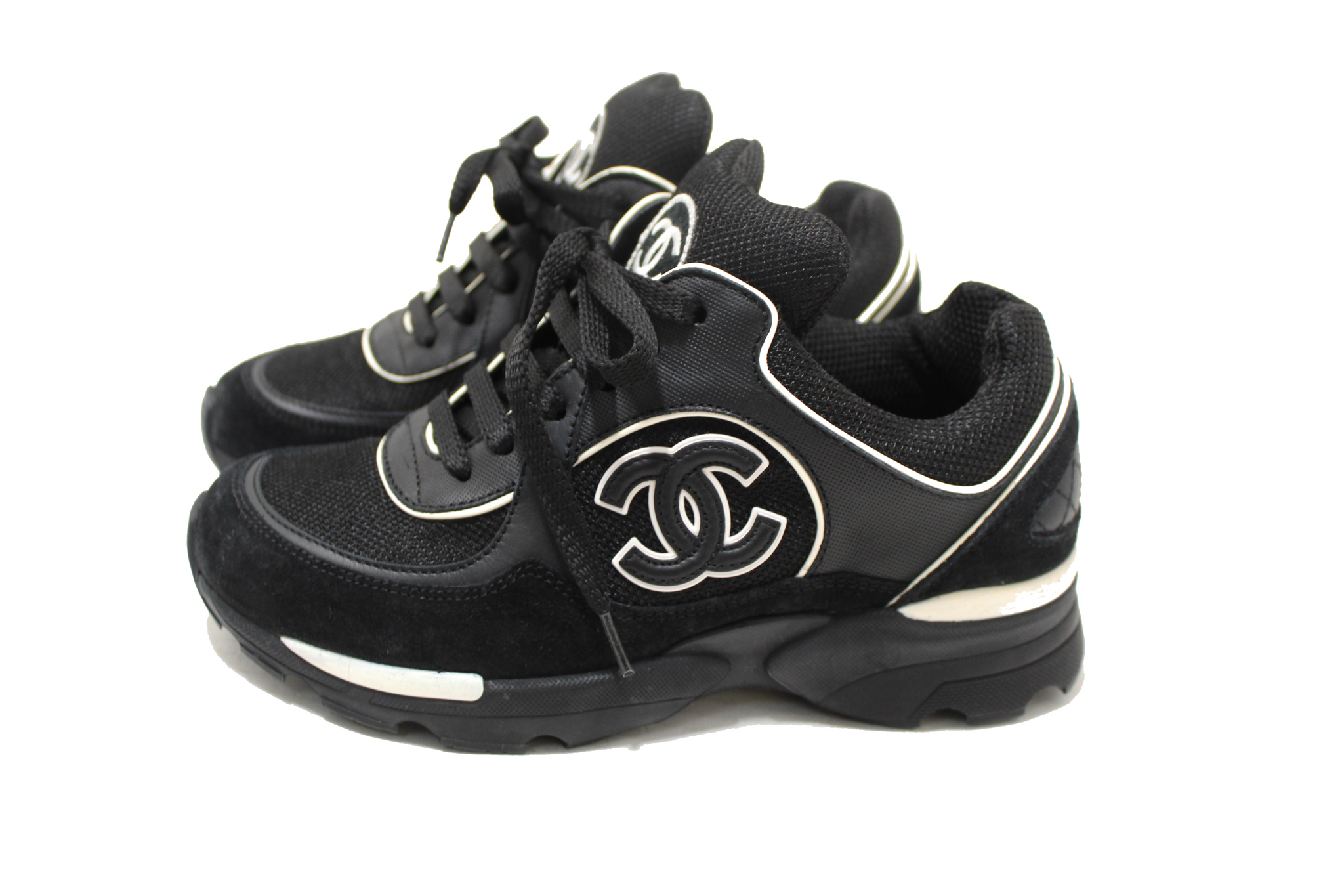 Chanel Black Suede Leather Calfskin CC Sneakers Size 36