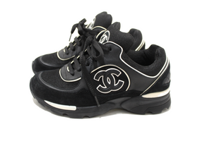 Chanel Black Suede Leather Calfskin CC Sneakers Size 36