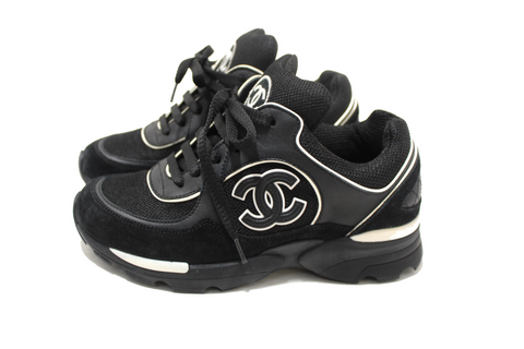 Chanel Black Suede Leather Calfskin CC Sneakers Size 36