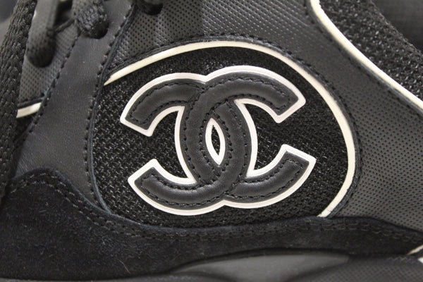 Chanel Black Suede Leather Calfskin CC Sneakers Size 36