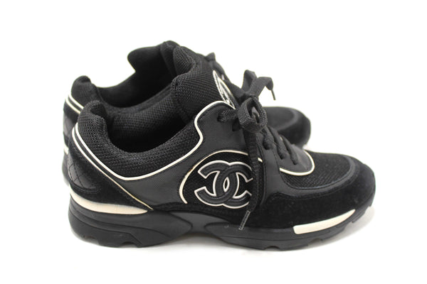 Chanel Black Suede Leather Calfskin CC Sneakers Size 36