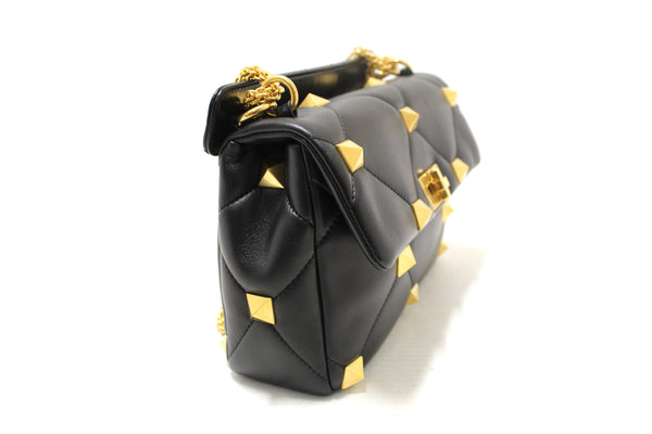 NEW Valentino Garavani Large Roman Stud Black Nappa Leather Shoulder Bag