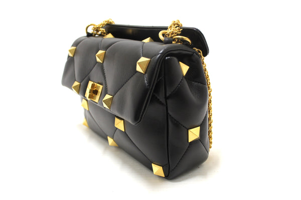 NEW Valentino Garavani Large Roman Stud Black Nappa Leather Shoulder Bag