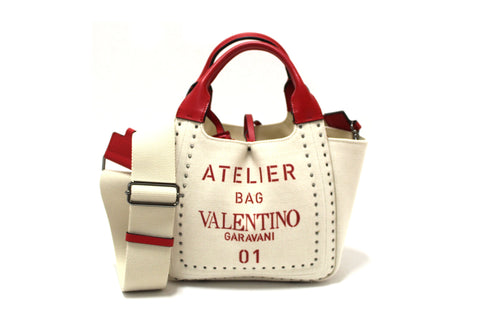NEW  Valentino Garavani White Atelier Metal Stitch 01 Canvas Mini Tote Bag