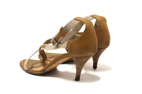 Hermes Beige Canvas Leather Strappy Heels Sandals Shoes Size 36.5