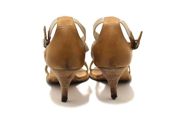 Hermes Beige Canvas Leather Strappy Heels Sandals Shoes Size 36.5