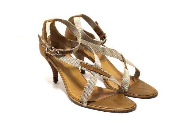 Hermes Beige Canvas Leather Strappy Heels Sandals Shoes Size 36.5