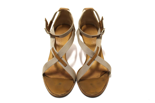 Hermes Beige Canvas Leather Strappy Heels Sandals Shoes Size 36.5